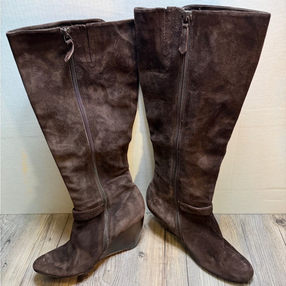 Cole Haan Lainey Wedge Boots Women Size 10 B Brown Suede Tall Buckle Knee High